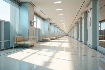 Long hospital bright corridor with rooms and seats