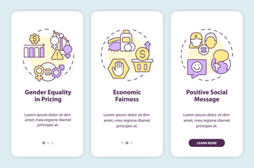 2D linear icons representing arguments for abolishing the pink tax mobile app screen set. Walkthrough 3 steps multicolor graphic instructions with concept, UI, UX, GUI template.