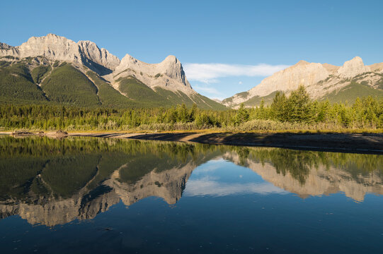 Mount Lawrence Grassi and Ha Ling Peak with the Bow River at sunrise, Canmore, Canadian Rockies, Alberta, Canada
