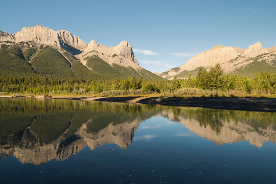 Mount Lawrence Grassi and Ha Ling Peak with the Bow River at sunrise, Canmore, Canadian Rockies, Alberta, Canada