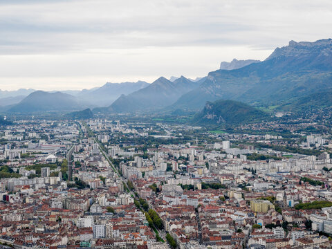 View from the Bastille hill over Grenoble with mountains in the background, Grenoble, Auvergne-Rhone-Alpes