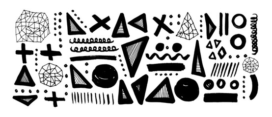 Collection brush drawn various geometric shapes. Hand drawn vector geometric figures isolated on white. Wavy bold lines, circles, square, asterisk and triangle lines. Grunge style black shapes.