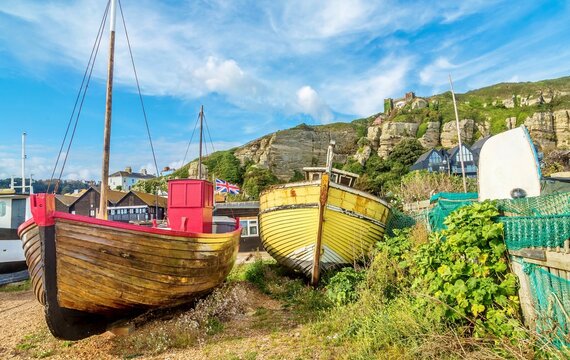 Fishing boats on The Stade (the fishermen's beach) at Hastings, East Sussex, England