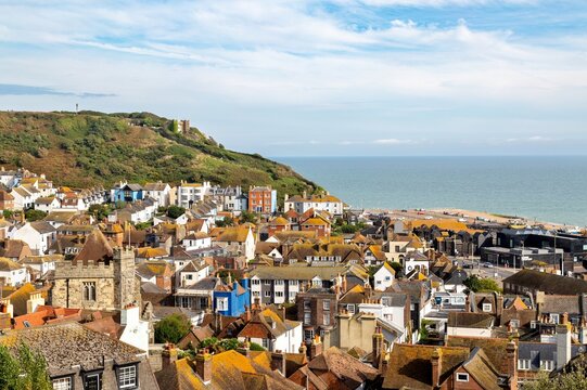 Hastings historic Old Town with the East Hill Cliff Lift station in the background, Hastings, East Sussex, England