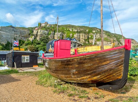 Fishing boats on The Stade (the fishermen's beach) at Hastings, East Sussex, England