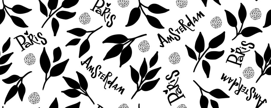 Black leaves  with words " Paris" and " Amsterdam" vector seamless pattern.