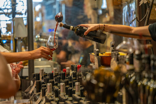View of wine tasting and bottles at Cantina Ercolani, wine shop and museum in Montepulciano, Montepulciano, Province of Siena, Tuscany