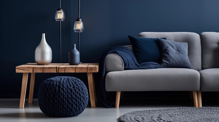 knitted poufs near dark blue corner sofa scandinavian home interior design modern living room