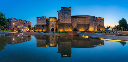 View of Castel Sismondo reflecting in ornamental water in Rimini at dusk, Rimini, Emilia-Romagna