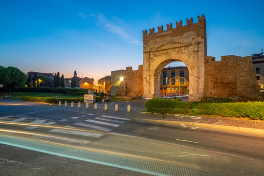 View of Arch of Augustus (Arco d'Augusto) at dusk, Rimini, Emilia-Romagna