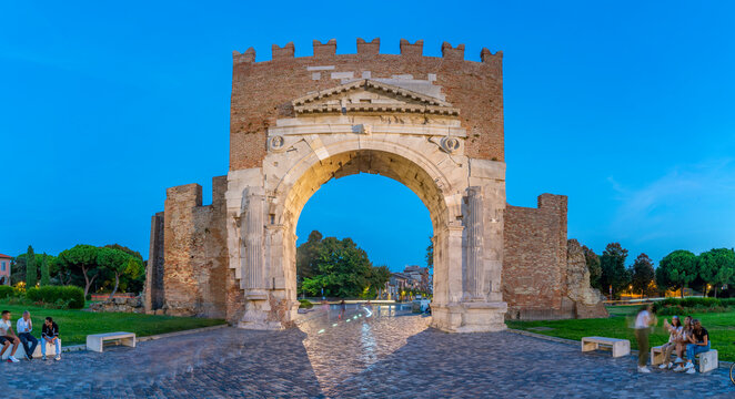 View of Arch of Augustus (Arco d'Augusto) at dusk, Rimini, Emilia-Romagna