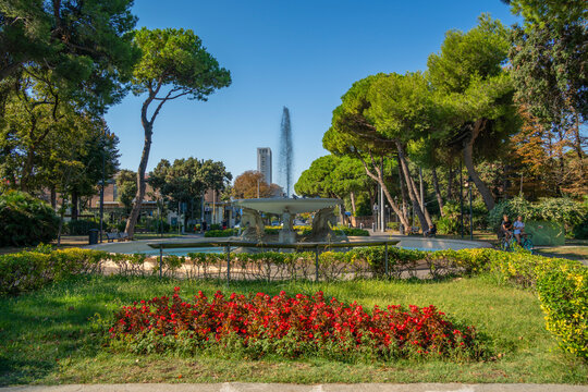 View of water fountain in Parco Federico Fellini beach Rimini Beach, Rimini, Emilia-Romagna