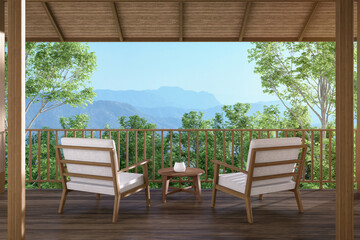 Modern contemporary wooden terrace  overlooking nature view 3d render, View from inside the room overlooks the wooden eaves and mountain views