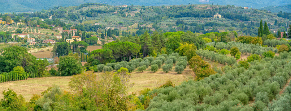 View of Tuscan landscape from Passeggio del Prato, Arezzo, Province of Arezzo, Tuscany