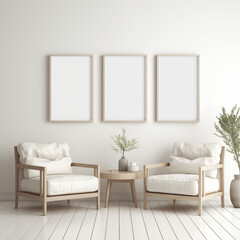 Mockup design with three uniformly-sized poster frames, created using generative AI. Artistic arrangement
