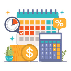 Debt Management Essentials concept. Calendar and clock signify timely payments while calculator and interest symbol denote financial planning. Flat vector illustration - obrazy, fototapety, plakaty
