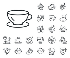 Coffee drink sign. Crepe, sweet popcorn and salad outline icons. Tea cup line icon. Fresh beverage symbol. Espresso line sign. Pasta spaghetti, fresh juice icon. Supply chain. Vector