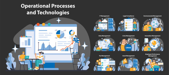 Operational processes and technologies night or dark mode set. Diverse business activities and system management. Cohesive work environment, strategic planning. Flat vector illustration.