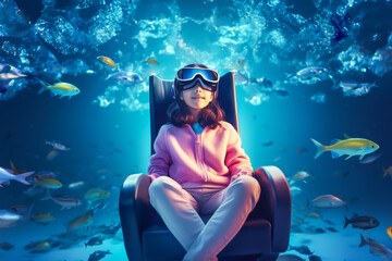 Child in a virtual reality headset sits in an armchair, immersed in an underwater scene with fish, symbolizing modern entertainment and the immersion of VR technology - obrazy, fototapety, plakaty