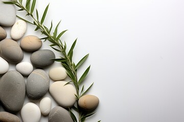 Background of Clean Modern Minimalist Rosemary and Pebbles on a White Background with Space for Text.