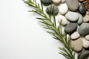 Background of Clean Modern Minimalist Rosemary and Pebbles on a White Background with Space for Text.