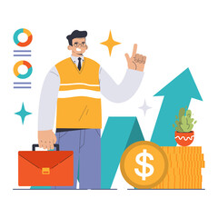 Growth Investing concept. Confident businessman pointing upward, charts and coin stack indicating financial rise. Expanding assets, promising returns. Flat vector illustration
