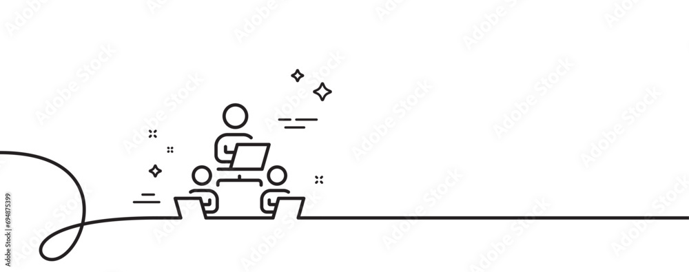 Poster teamwork line icon. continuous one line with curl. remote office sign. team employees symbol. teamwo