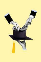 Vertical creative photo collage of peoples hands hold graduate hat and put money in it concept of...
