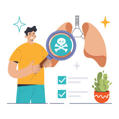 Lung Cancer awareness. Man inspects magnified lung, revealing smoking dangers. Emphasis on early detection and risks of tobacco. Flat vector illustration.