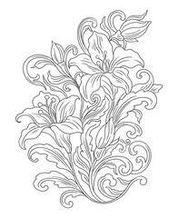 Obraz premium Floral lily easter plant in art nouveau 1920-1930. Hand drawn lily with weaves of lines, leaves and flowers.