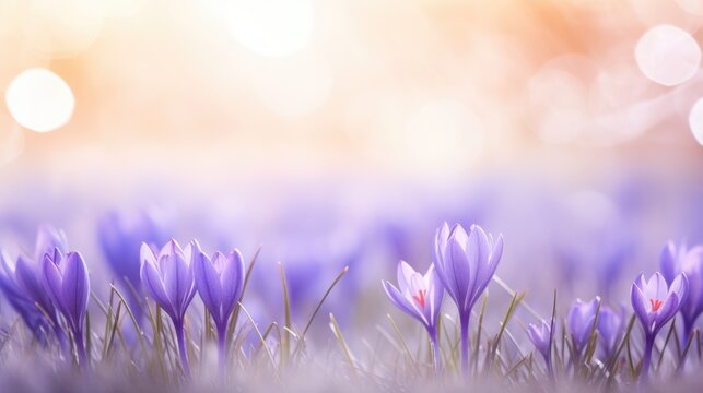 A field of purple flowers in the sunlight, header, footer, panoramic banner image.