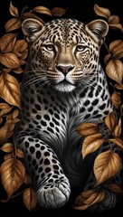 Leopard drawing leaves tattoo style, impressive realistic image, black background