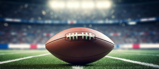 American football ball on the field in the big stadium. Copy free space