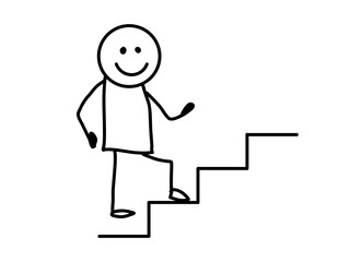 Cartoon stick figure man walking up the stairs. Vector illustration.
