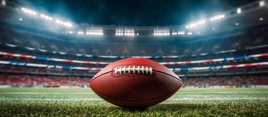 American football ball on the field in the big stadium. Copy free space