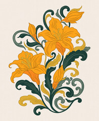 Floral lily easter plant in art nouveau 1920-1930. Hand drawn lily with weaves of lines, leaves and flowers.