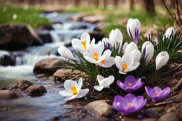 Fotobehang Wild purple crocuses, spring flowers © mizina