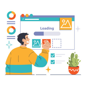 Website optimization concept. Enhancing website speed and efficiency by loading content on demand. Improving user experience with smart resource management. Flat vector illustration.