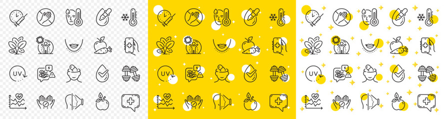 Outline Vaccination schedule, Eye drops and Face id line icons pack for web with Stress, Cardio training, Apple carrot line icon. Spinach, Dermatologically tested. Yellow design with 3d stars. Vector