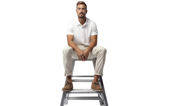 Brave Handsome Male is Sitting on Ladderback Chair Isolated on Transparent Background PNG.