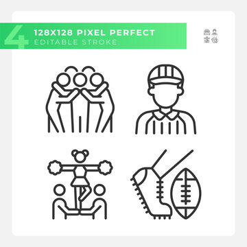 American football team linear icons set. Team huddle. Cheerleading. Football game rules. Professional referee. Customizable thin line symbols. Isolated vector outline illustrations. Editable stroke
