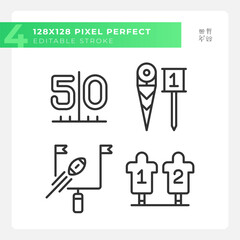 Football match preparation linear icons set. Goal post. 50 yard line. First down marker. American football sled. Customizable thin line symbols. Isolated vector outline illustrations. Editable stroke