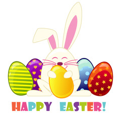 Easter Rabbit with eggs. Vector Illustration Of Cute Little Bunny Holding Easter Eggs