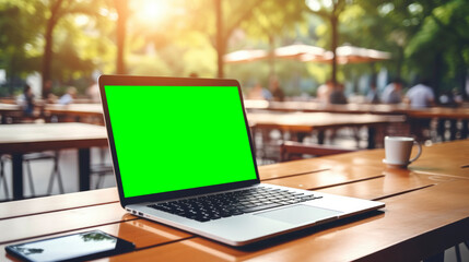 A modern laptop stands on a table with a green screen. Mockup for your advertising on a monitor, laptop against a blurred background of an office, coworking space, cafe - Powered by Adobe