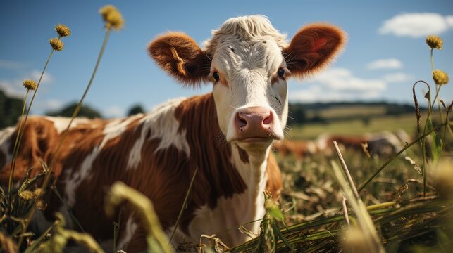 Well-groomed cow in the field.Farm life. Cow in the pasture