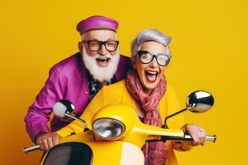 Cool retired hipsters riding a yellow scooter, motorcycle, seniors party, carnival. Cheerful elderly gray-haired bearded grandparent wearing funny sunglasses, bright extravagant clothes on yellow