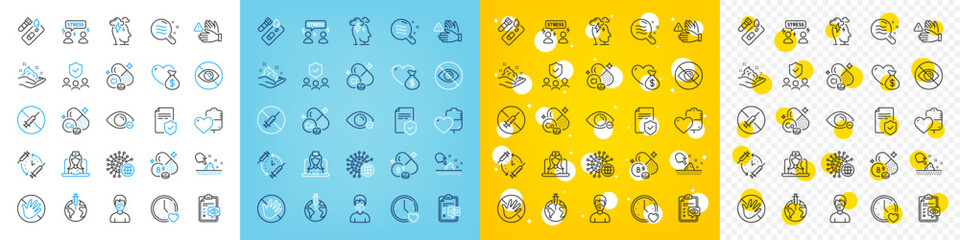 Vector icons set of Pandemic vaccine, Donation and Difficult stress line icons pack for web with Chlorine mineral, Blood, Skin condition outline icon. Stress, Dating. Vector
