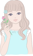Girl with long hair holding a flower in her hand