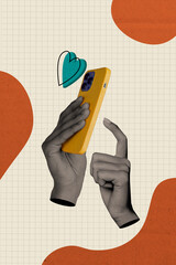 Vertical collage illustration two human hand write message sms internet app positive reaction...