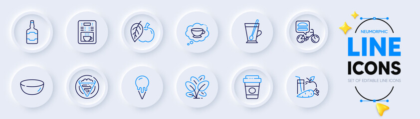 Crepe, Ice cream and Food delivery line icons for web app. Pack of Takeaway coffee, Apple, Whiskey bottle pictogram icons. Bowl dish, Tea mug, Coffee cup signs. Juice, Spinach. Sweet pancake. Vector